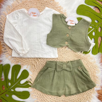 Conj. Colete com Botões, Blusa Manga Longa e Short Saia com Laço - Verde Oliva 